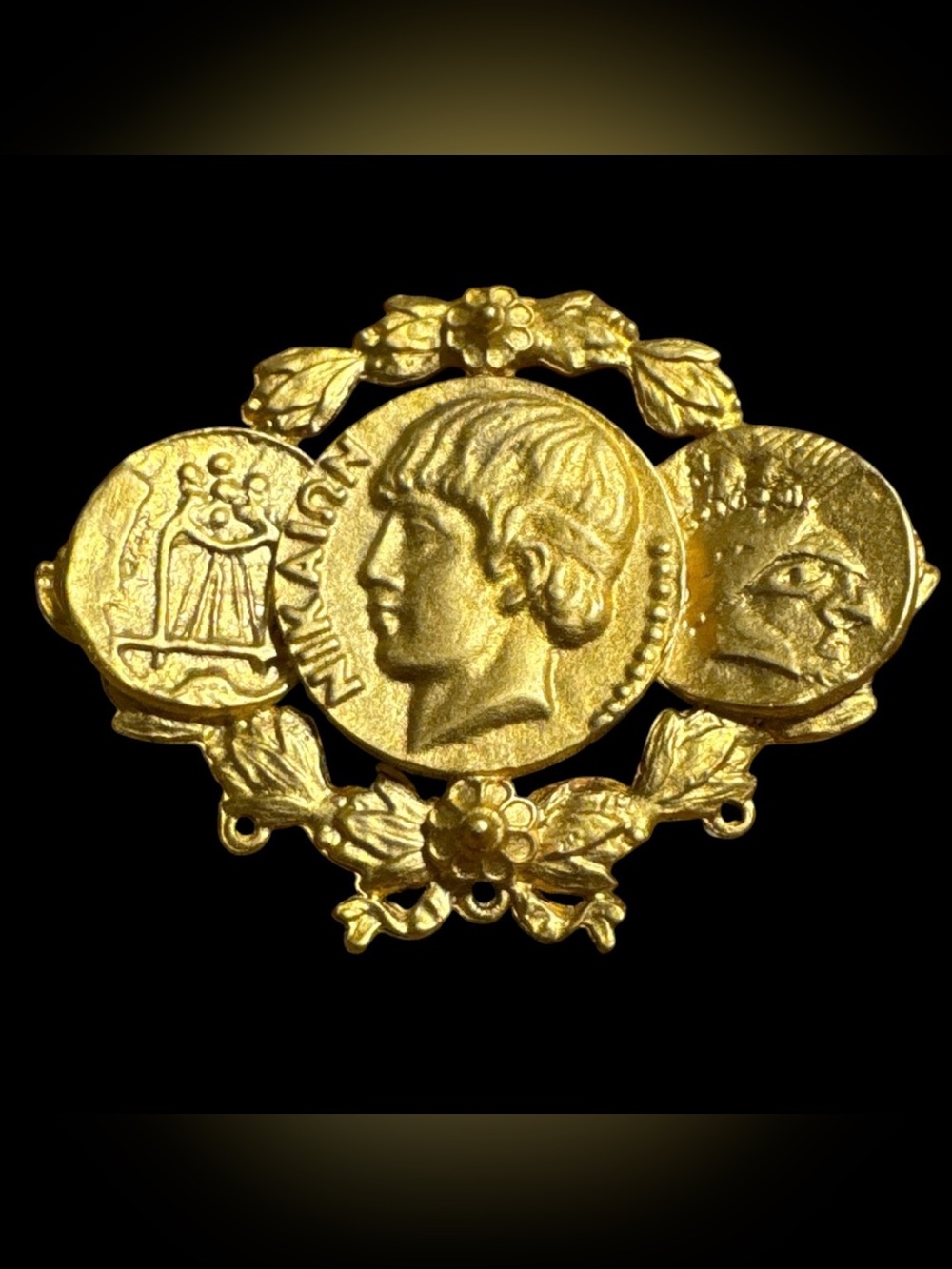 Vintage gold-tone statement brooch faux classical Greek & Roman coins
